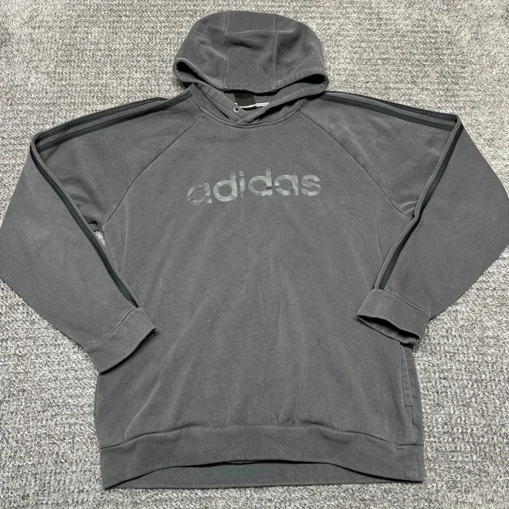 Adidas Mens Hoodie Size L Gray Pullover Sweatshirt Spell Out Logo 3‎ Stripe
